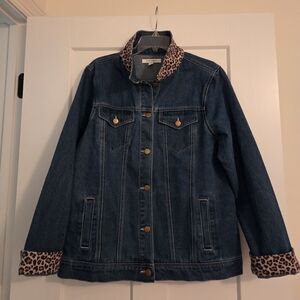 Denim Jacket with Leopard Print Collar & Cuffs Sz L